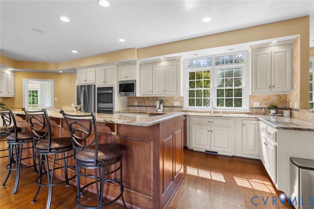 2365 Manakintown Ferry Road, Powhatan, VA 23113 Kitchen featuring wood-finish flooring, recessed lighting, white cabinetry, a built-in stainless steel double oven, and granite countertops