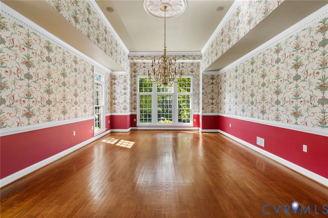 2365 Manakintown Ferry Road, Powhatan, VA 23113 Hardwood flooring, decorative chandelier, transom windows, crown molding, and a decorative ceiling medallion