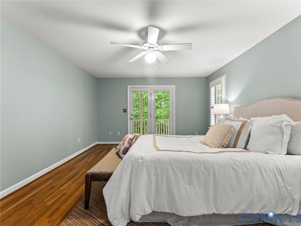 Hardwood flooring, recessed lighting, and a ceiling fan with integrated lighting