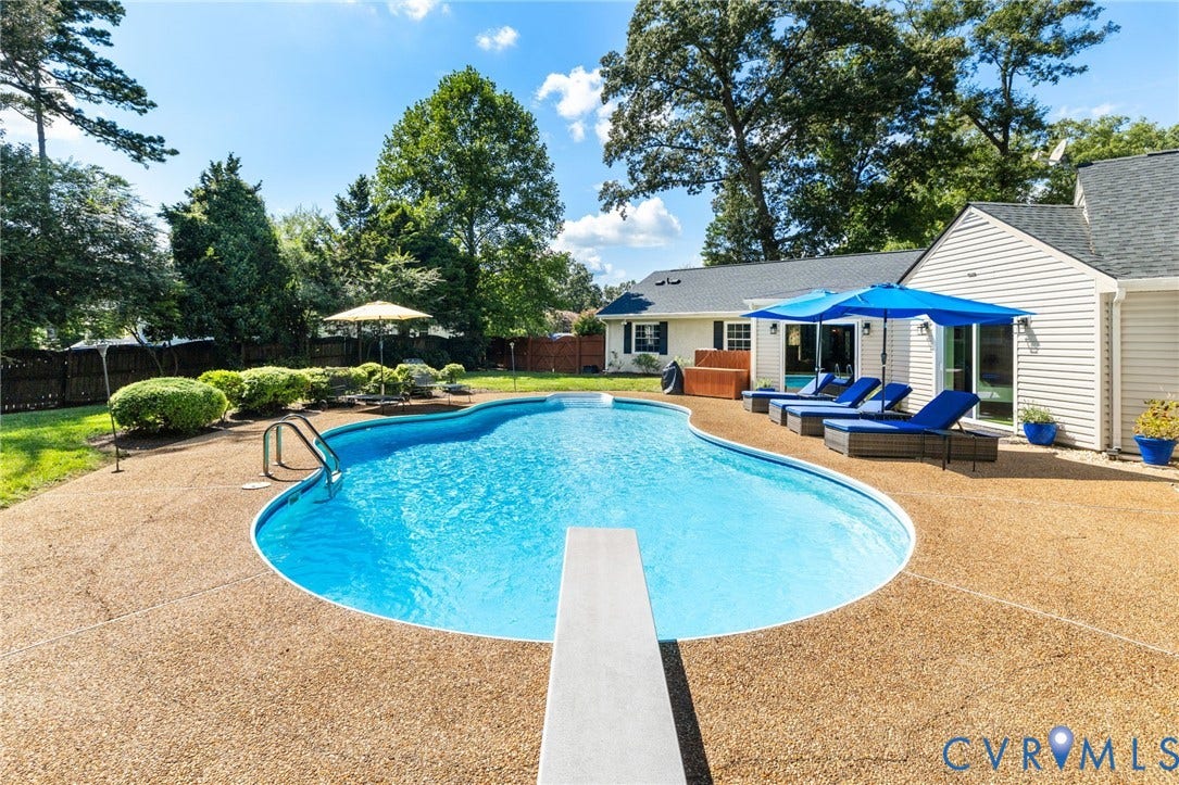Vinyl, Chlorine, 
8-10' Deep, 2020 pump
Diving Board, Aggregate Patio