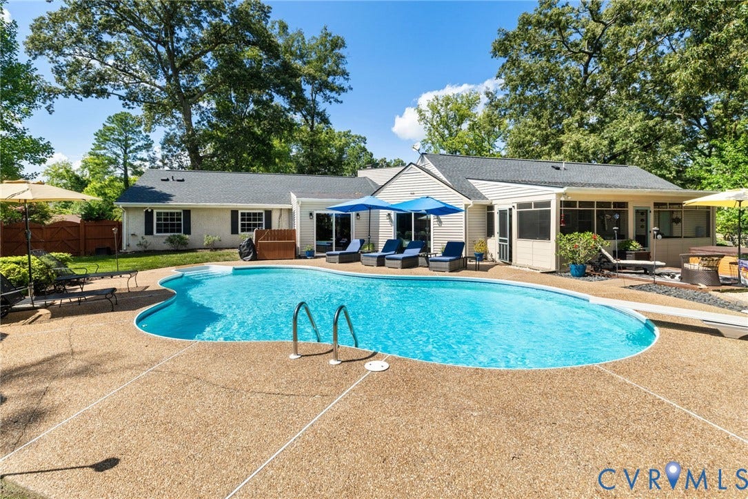 Vinyl, Chlorine, 
8-10' Deep, 2020 pump
Diving Board, Aggregate Patio