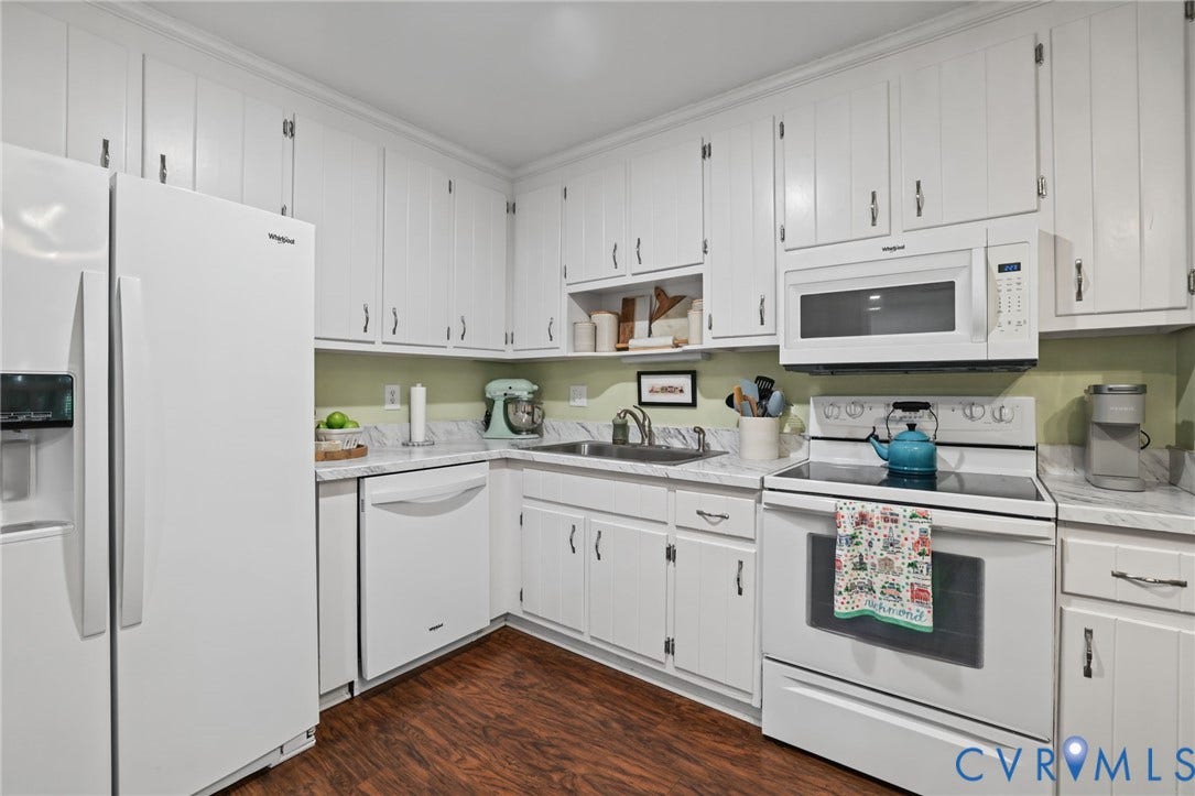 13512 Master Stag Drive, Midlothian, VA 23112 Kitchen featuring white vertical-plank cabinetry, stone-patterned laminate countertops, stainless steel sink with pull-down faucet, and wood-finish flooring