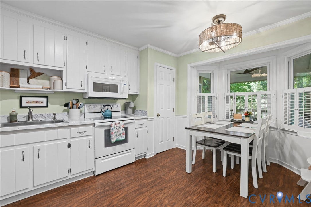 13512 Master Stag Drive, Midlothian, VA 23112 Kitchen featuring white shaker-style cabinetry, stone-finish countertops, wood-finish flooring, a bay window with plantation shutters, and a drum-style pendant light fixture