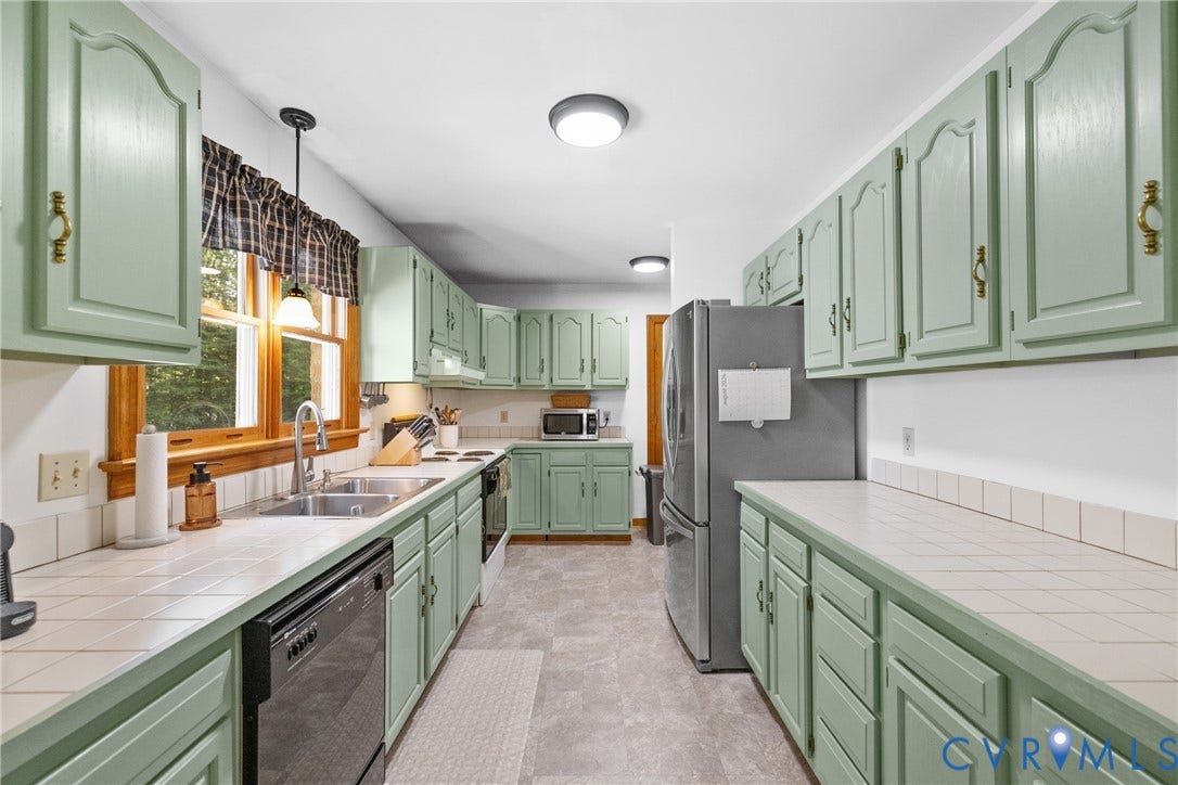 3621 Jefferson Highway, Rual, Mineral, VA 23093 Kitchen featuring light green cabinetry, tile countertops, stainless steel appliances, and a double basin sink