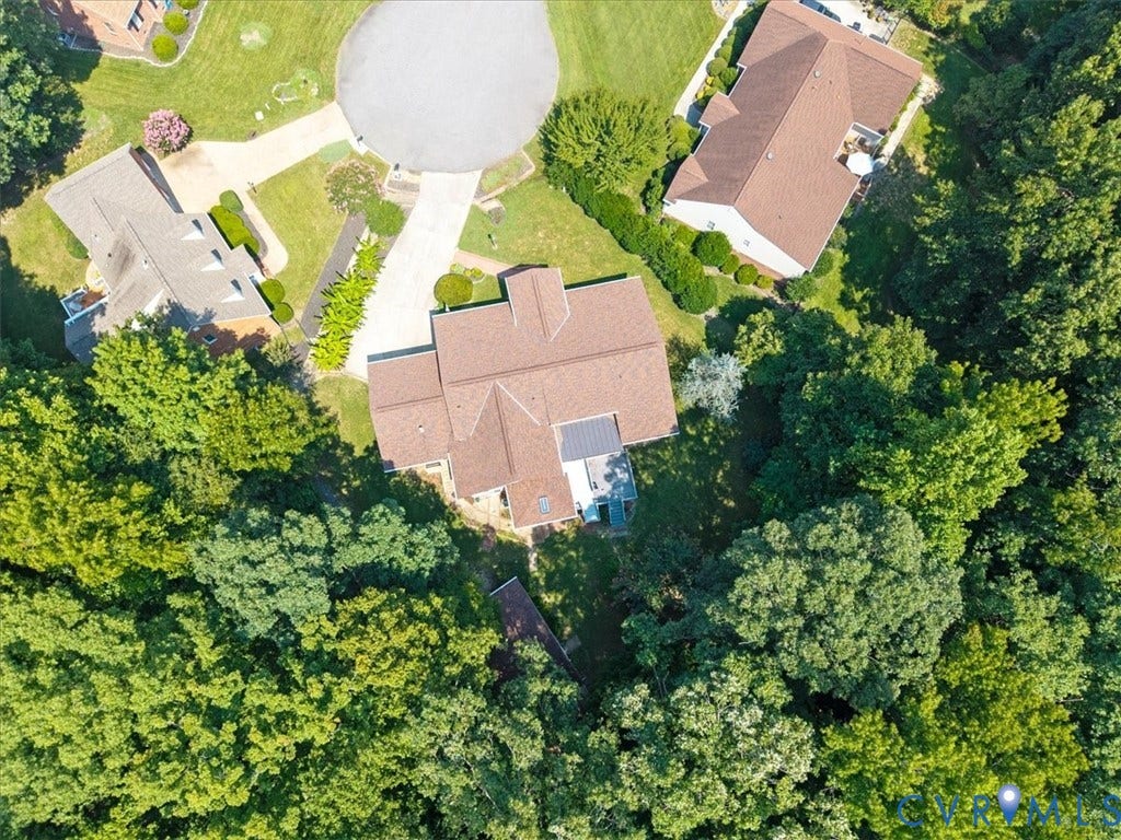 12600 Lilking Road, Chester, VA 23831 Aerial view showcasing a substantial estate nestled on lush, mature landscaping with towering trees