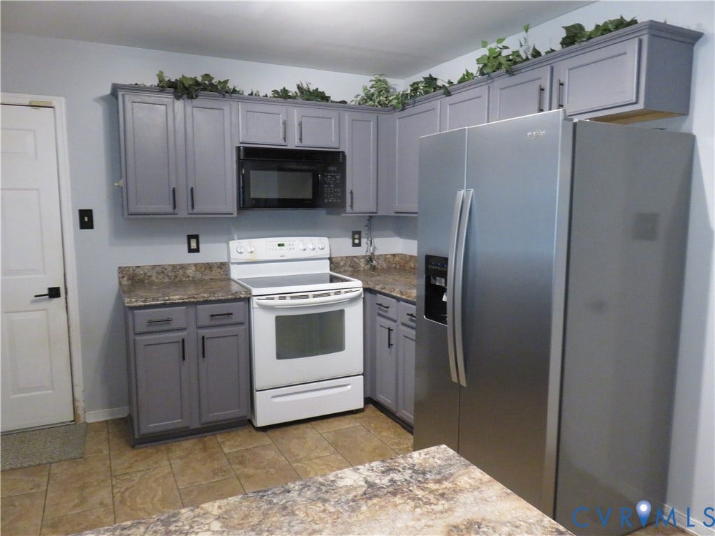 3107 McCabe Court, Chester, VA 23831 Kitchen featuring gray cabinetry, stone-finish countertops, stainless steel side-by-side refrigerator, white electric range, and a built-in microwave