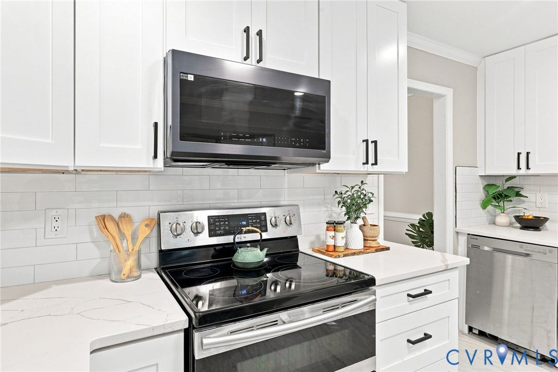 4106 Gloucestershire Street, North Chesterfield, VA 23236 White shaker-style cabinetry with matte black hardware, stainless steel appliances, white subway tile backsplash, and light-toned countertops