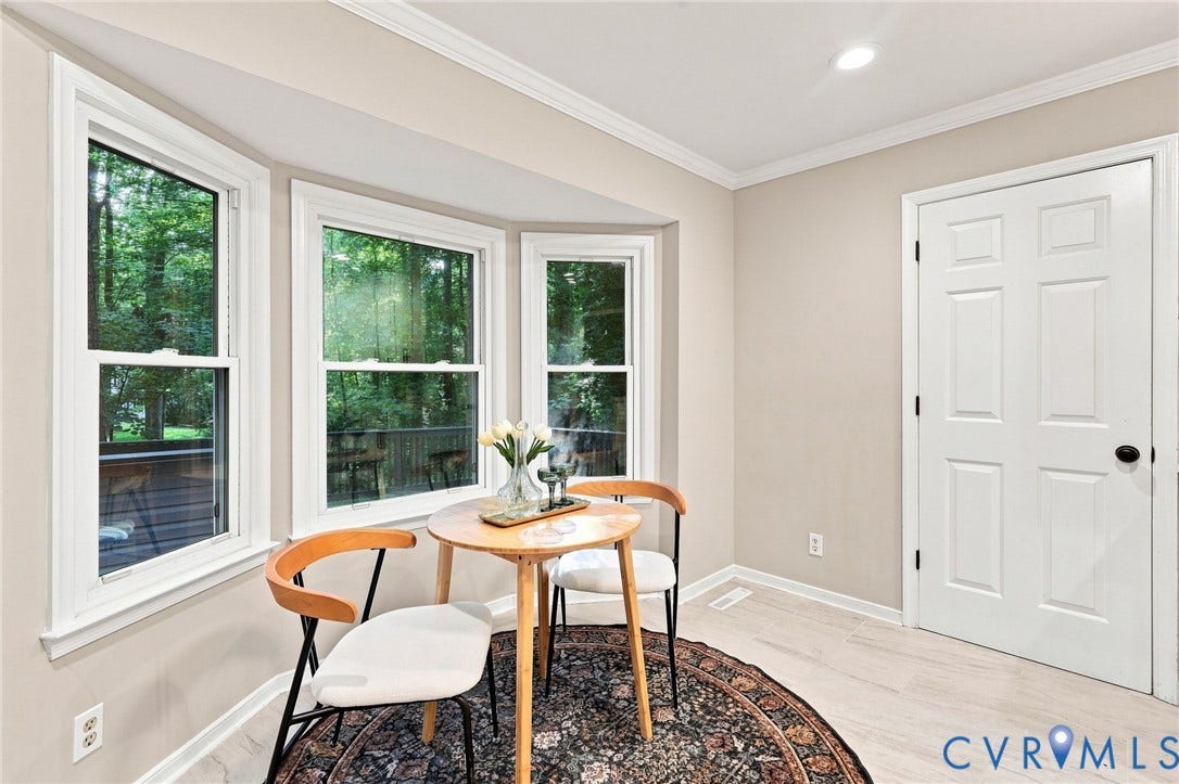4106 Gloucestershire Street, North Chesterfield, VA 23236 Bay window with multiple double-hung windows, recessed lighting, crown molding, paneled interior door, and light wood-finish flooring