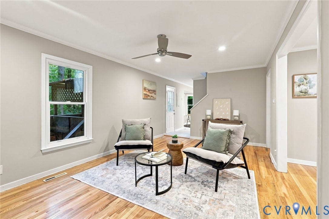 4106 Gloucestershire Street, North Chesterfield, VA 23236 Bright, open living space featuring hardwood flooring, recessed lighting, and a ceiling fan