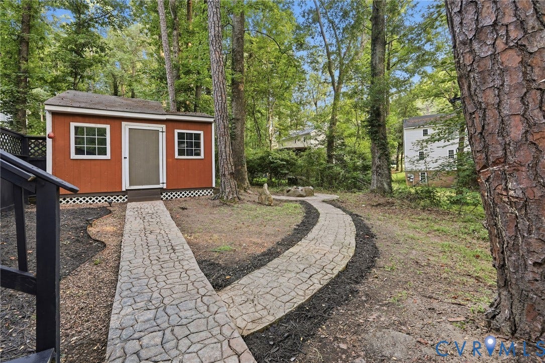 4106 Gloucestershire Street, North Chesterfield, VA 23236 Red exterior shed with white trim, multiple windows, and a screen door