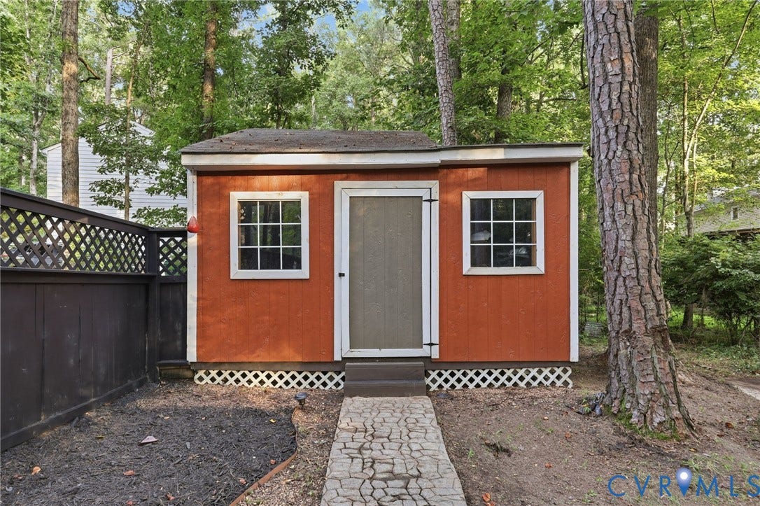 4106 Gloucestershire Street, North Chesterfield, VA 23236 Freestanding outbuilding with a panel door, two gridded windows, and lattice skirting