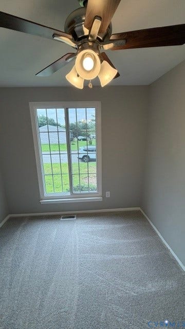 Neutral gray wall paint, light gray carpeting, white trim, window with grids, and a ceiling fan with light kit