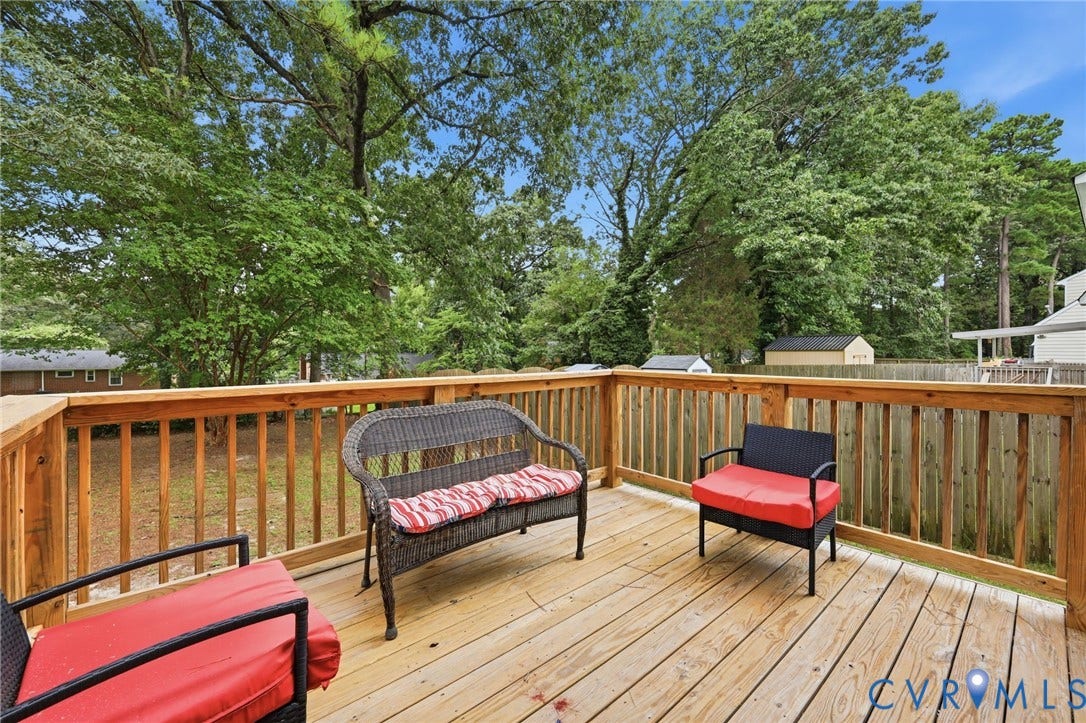 2807 Executive Drive, John Tyler Woods, Chesterfield, VA 23831 Expansive wood deck with a full wood railing overlooking a green yard and mature trees