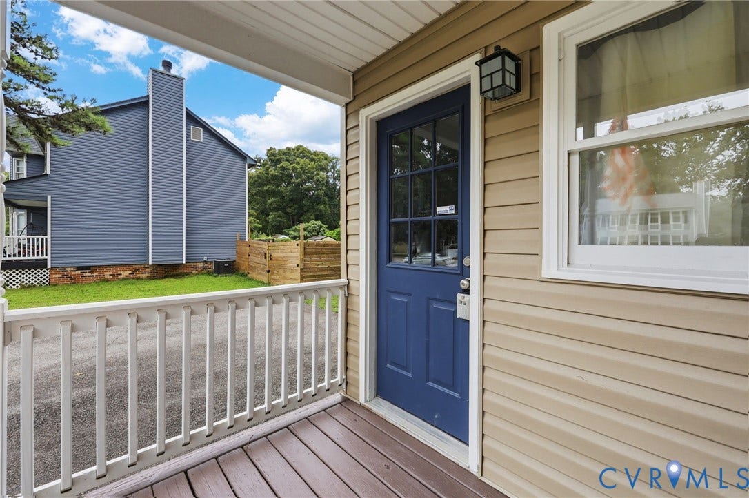 2807 Executive Drive, John Tyler Woods, Chesterfield, VA 23831 Covered porch with wood-finish decking, white railings, and a prominent blue entry door