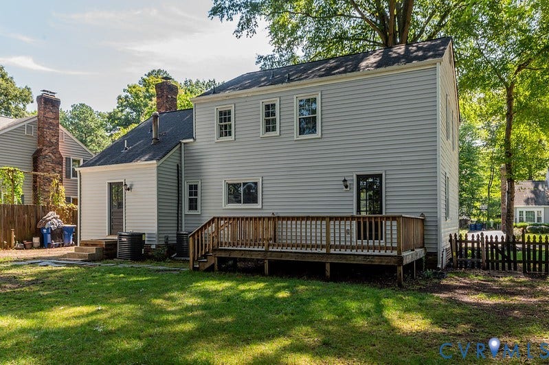 2016 Wrens Nest Road, Settlers Landing, Richmond, VA 23235 Exterior featuring light-colored siding, a wooden deck, multiple double-hung windows, and a picket fence