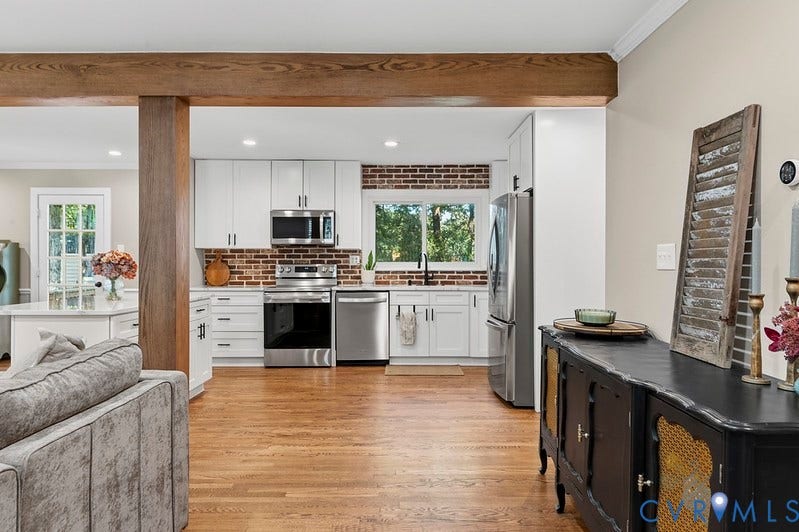2016 Wrens Nest Road, Settlers Landing, Richmond, VA 23235 Hardwood flooring throughout, exposed wood beam and column accents, white shaker-style cabinetry, stainless steel appliances, and a brick-finish backsplash