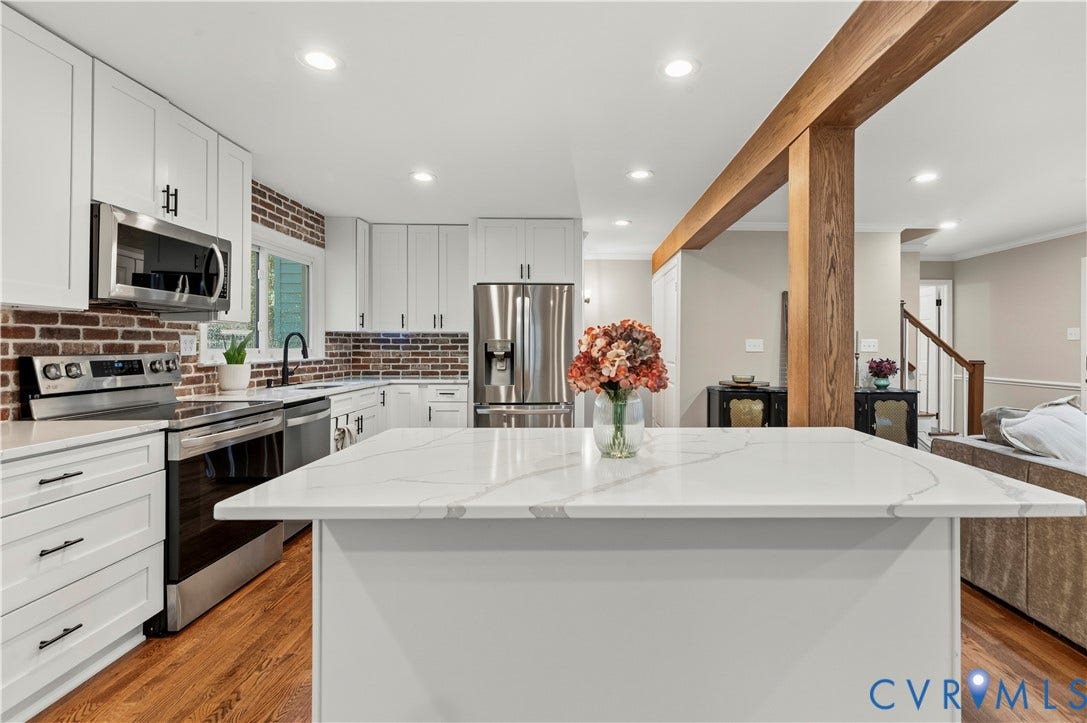 2016 Wrens Nest Road, Settlers Landing, Richmond, VA 23235 Kitchen featuring white shaker cabinetry, stainless steel appliances, a brick-finish backsplash, and a large center island with a light-toned countertop