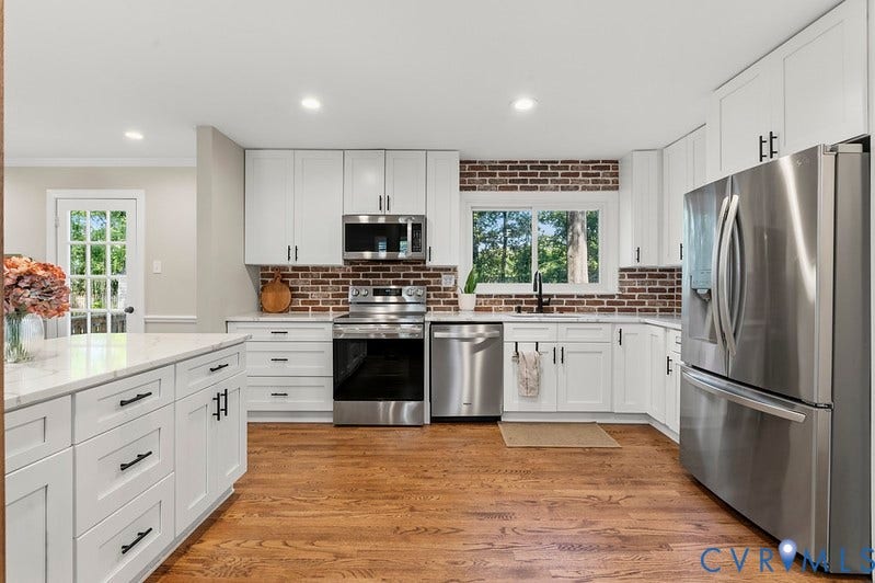 2016 Wrens Nest Road, Settlers Landing, Richmond, VA 23235 Updated kitchen featuring white shaker cabinetry, stainless steel appliances, a brick-finish backsplash, and wood-finish flooring