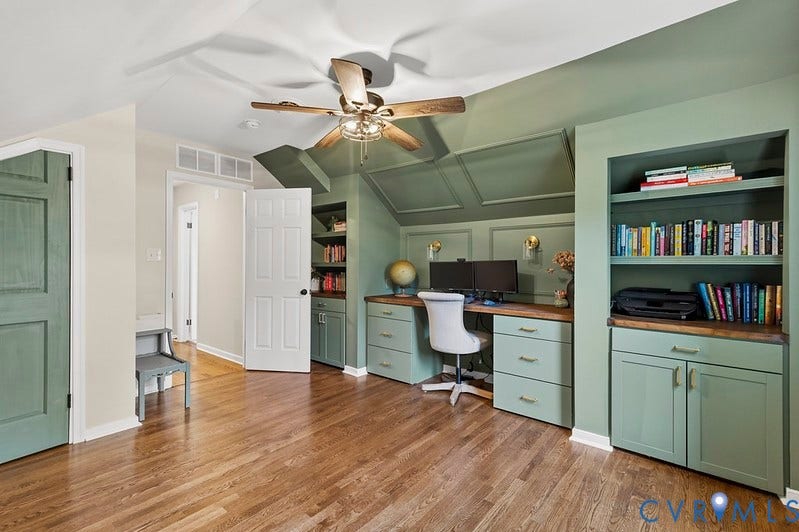 2016 Wrens Nest Road, Settlers Landing, Richmond, VA 23235 Hardwood flooring, ceiling fan, built-in desk with wood-finish countertop, integrated cabinetry, and recessed shelving