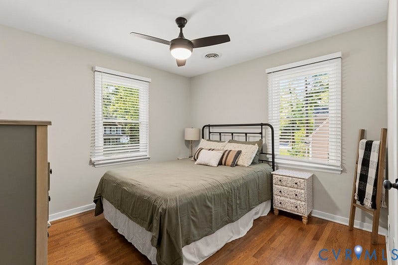 2016 Wrens Nest Road, Settlers Landing, Richmond, VA 23235 Hardwood flooring, painted walls, two windows with blinds, and a ceiling fan with integrated lighting