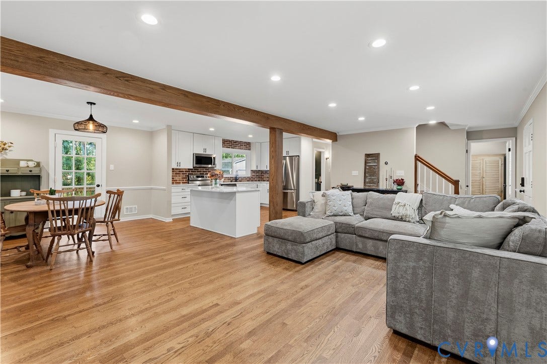 2016 Wrens Nest Road, Settlers Landing, Richmond, VA 23235 Hardwood flooring extends throughout this open-concept living space, featuring exposed wood beams, recessed lighting, and a white kitchen with a central island and brick-patterned backsplash