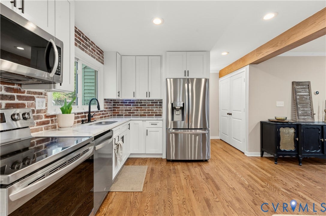 2016 Wrens Nest Road, Settlers Landing, Richmond, VA 23235 Modern kitchen featuring stainless steel appliances, white cabinetry, brick accent backsplash, quartz-finish countertops, and wood-finish flooring