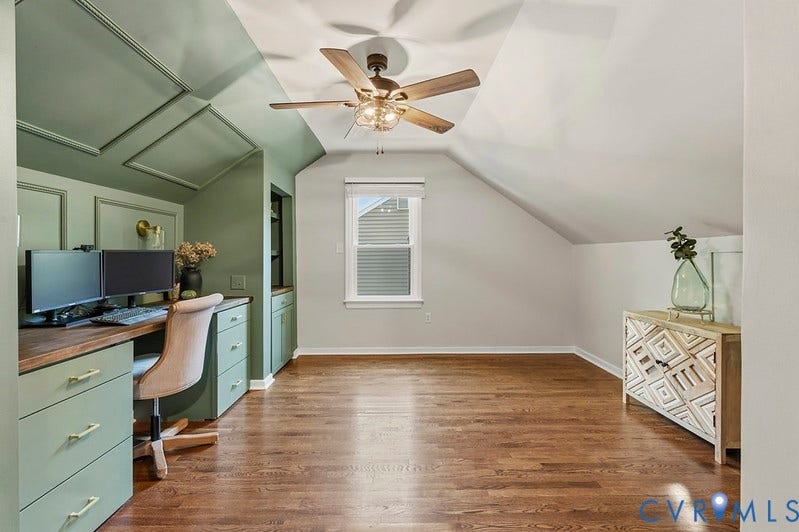 2016 Wrens Nest Road, Settlers Landing, Richmond, VA 23235 Sloped ceilings, wood-finish flooring, built-in desk with solid surface countertop, built-in cabinetry, and ceiling fan with integrated lighting