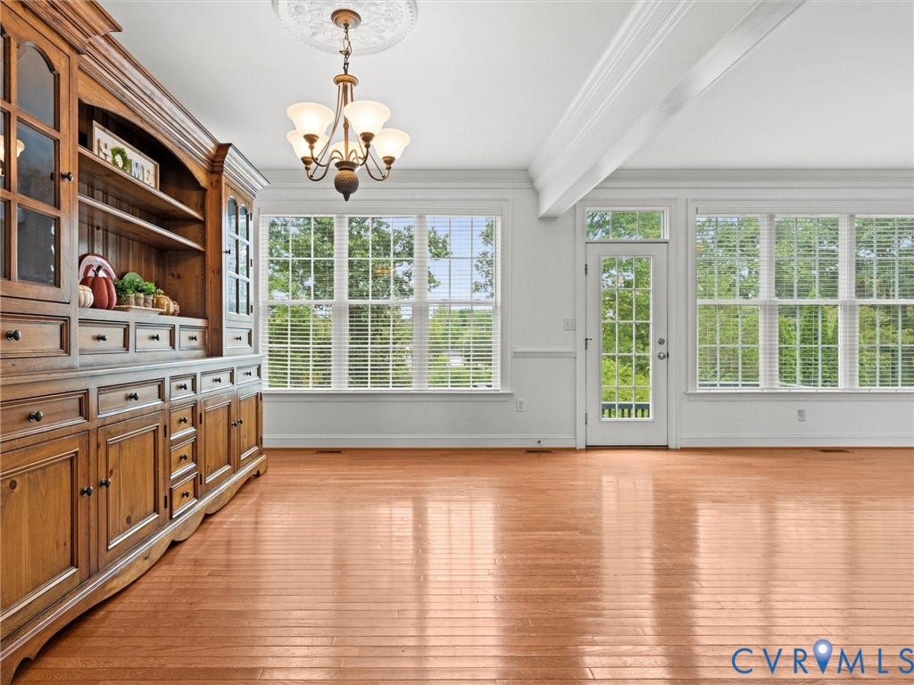 6126 Cartersville Road, Powhatan, VA 23139 Wood-finish flooring, floor-to-ceiling windows, built-in cabinetry, decorative ceiling medallion, and exposed ceiling beam
