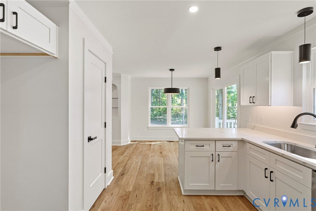 6465 Anderson Highway, Powhatan, VA 23139 Modern kitchen featuring white shaker-style cabinetry, stainless steel appliances, white quartz countertops, and pendant lighting