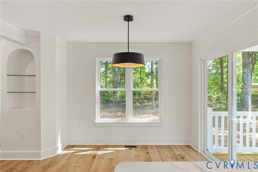 6465 Anderson Highway, Powhatan, VA 23139 Wood-finish flooring, built-in shelving, large window, sliding glass door, and drum pendant light fixture