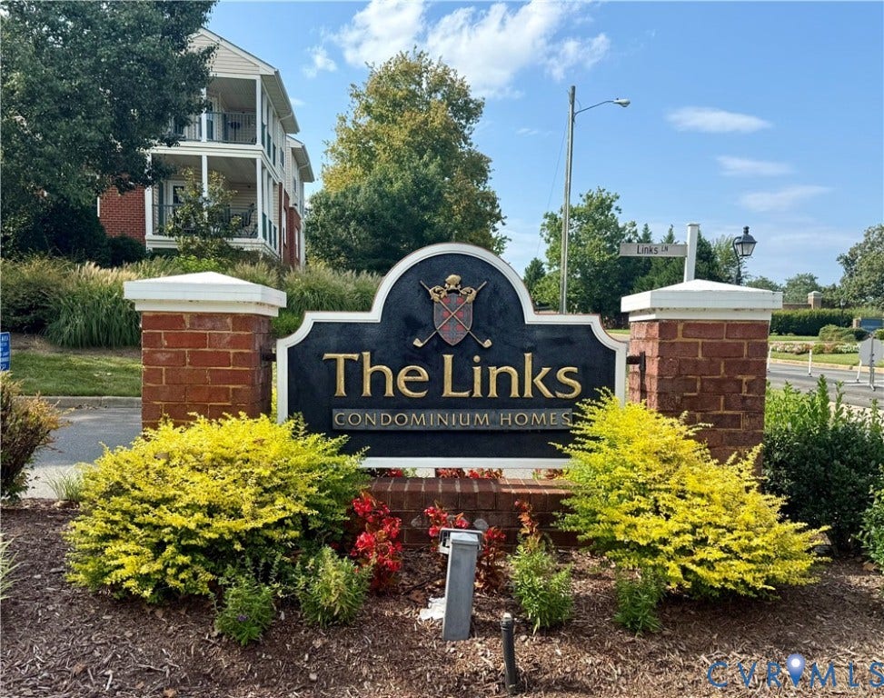 821 Brassie Lane, #E, The Crossings Golf Course Area, Glen Allen, VA 23059 The Links Condominium Homes entry sign featuring brick pillars and established landscaping