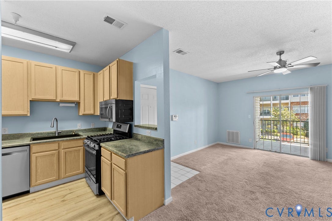 821 Brassie Lane, #E, The Crossings Golf Course Area, Glen Allen, VA 23059 Kitchen featuring light-finish cabinetry, stone-texture countertops, a stainless steel gas range, and a dishwasher, with sliding glass doors opening to a balcony