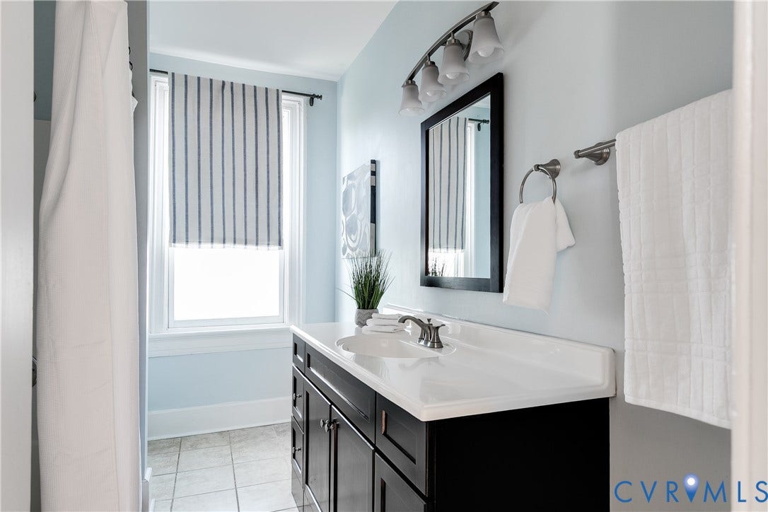 2216 E Marshall Street, Church Hill North, Richmond, VA 23223 Bathroom featuring a dark wood vanity with a white countertop, undermount sink, and brushed nickel fixtures
