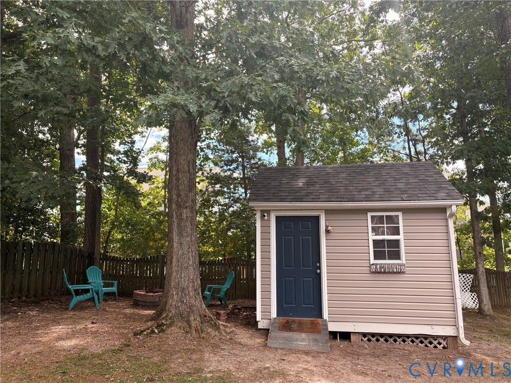 15349 Featherchase Drive, Chesterfield, VA 23832 Detached storage structure with siding exterior, single window, and dark entry door