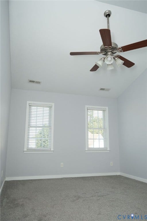 15349 Featherchase Drive, Chesterfield, VA 23832 Vaulted ceiling, ceiling fan with integrated lighting, two windows with blinds, gray wall paint, and gray carpeting