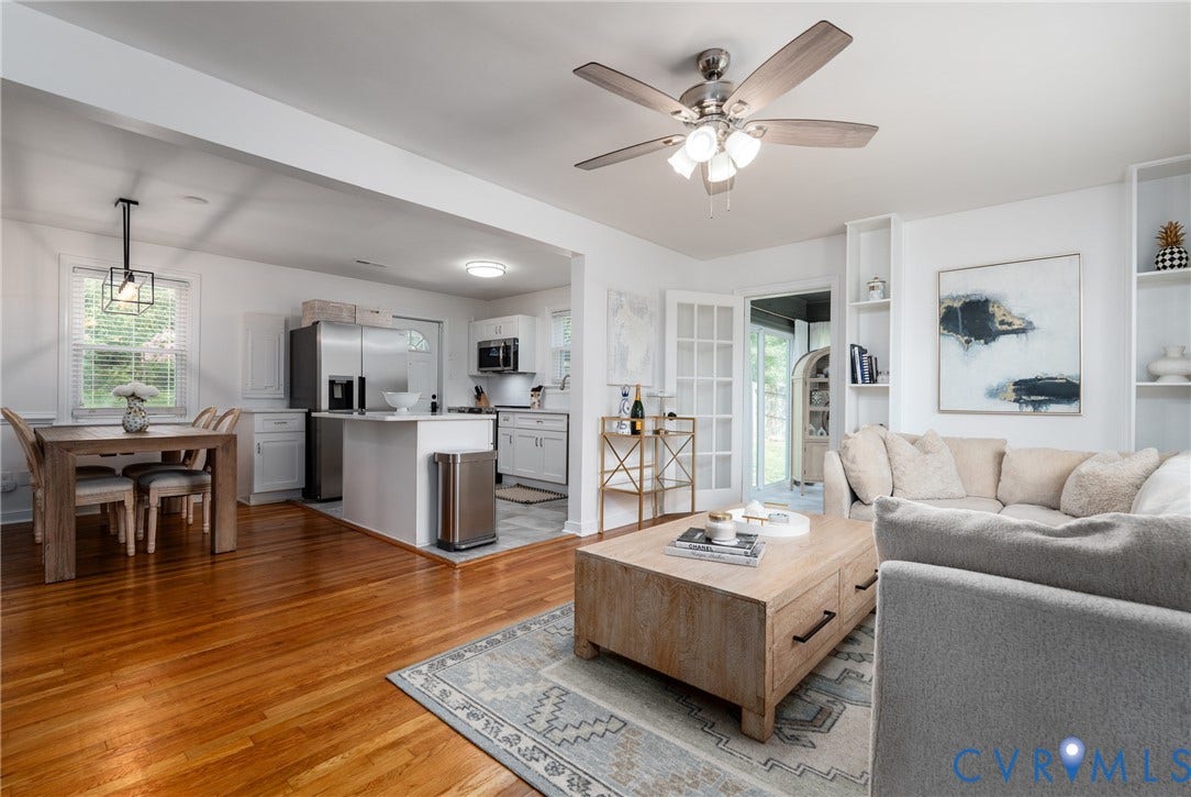 1204 Maywood Road, Beverly Hills, Henrico, VA 23229 Hardwood flooring, stainless steel appliances, white cabinetry, built-in shelving, and French doors