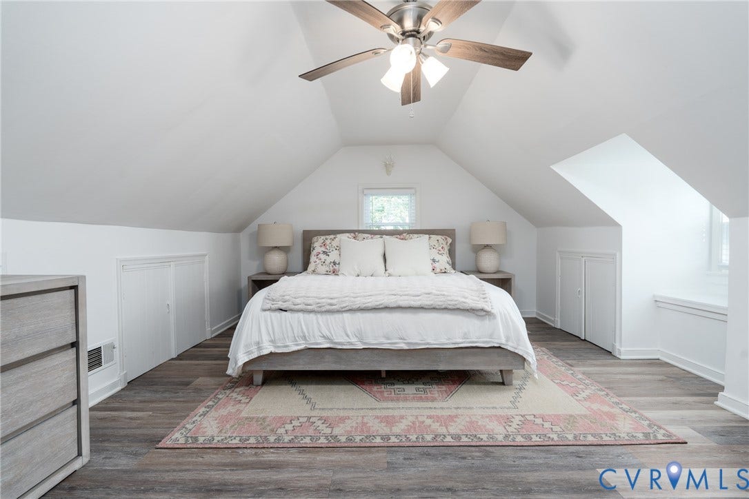 1204 Maywood Road, Beverly Hills, Henrico, VA 23229 Vaulted ceiling with a ceiling fan, wood-finish flooring, two built-in closet doors, and a window
