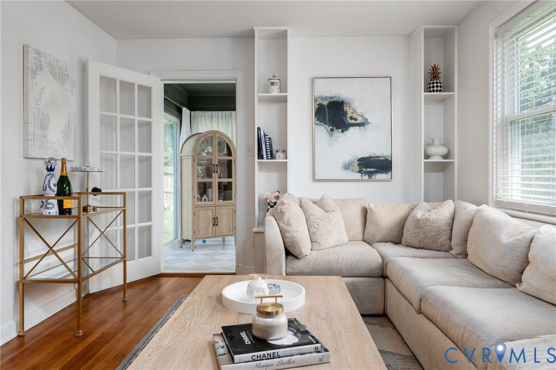 1204 Maywood Road, Beverly Hills, Henrico, VA 23229 Hardwood flooring, French doors, built-in shelving, white window blinds, and white walls