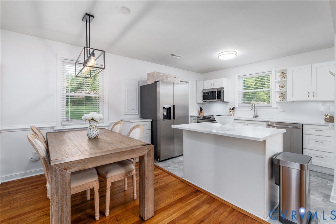 1204 Maywood Road, Beverly Hills, Henrico, VA 23229 Kitchen featuring stainless steel appliances, white cabinetry, a central island, and a tile backsplash