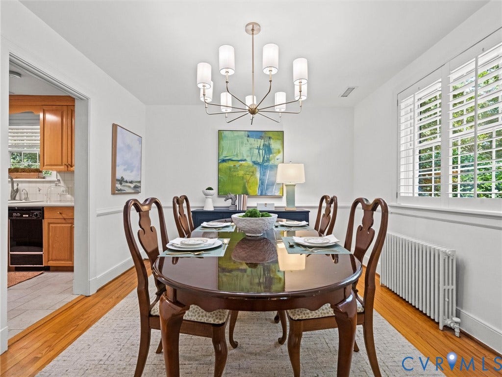 Hardwood flooring, contemporary chandelier, white window shutters, and white wall paneling