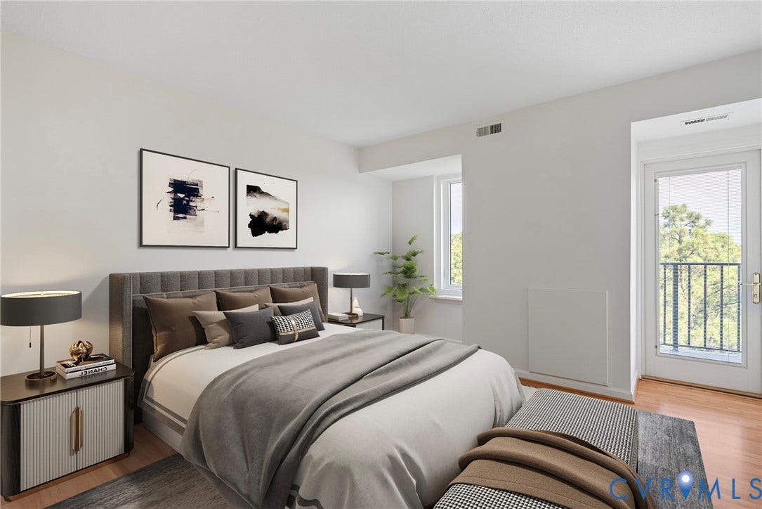 Bedroom 3 with single door access to balcony. Virtually staged.