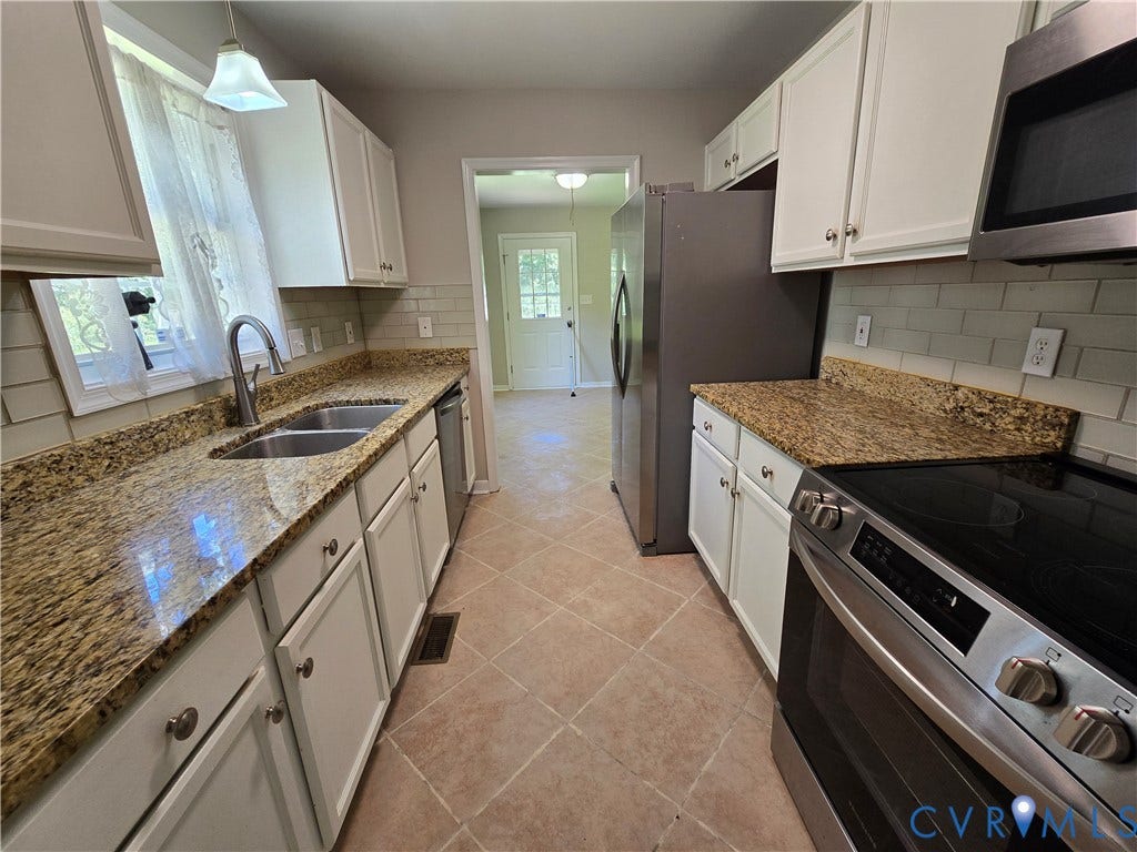 1019 Arizona Drive, Woodhaven, Richmond, VA 23224 Kitchen featuring light-toned cabinetry, granite-finish countertops, stainless steel sink with gooseneck faucet, subway tile backsplash, and tile flooring