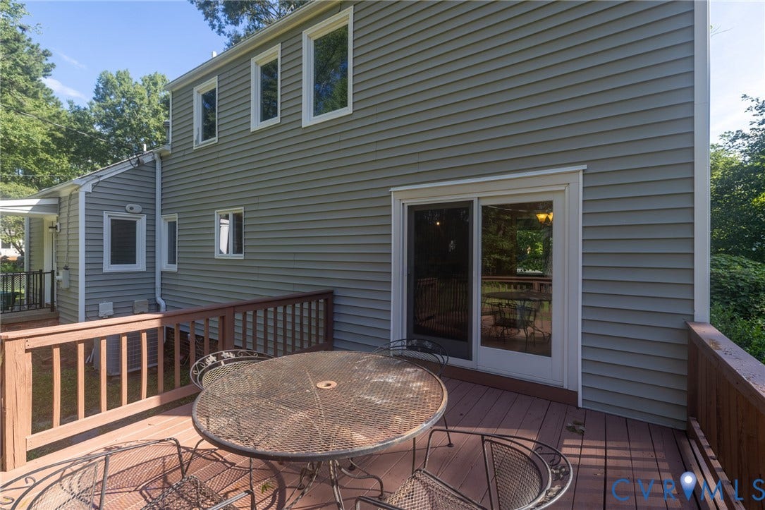 2317 Pleasant Run Drive, Henrico, VA 23238 Wood-finish deck with a wooden railing system, featuring a sliding glass door entry to the interior