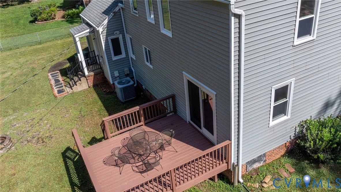 2317 Pleasant Run Drive, Henrico, VA 23238 Spacious wooden deck with railings, sliding glass door access, and gray siding exterior