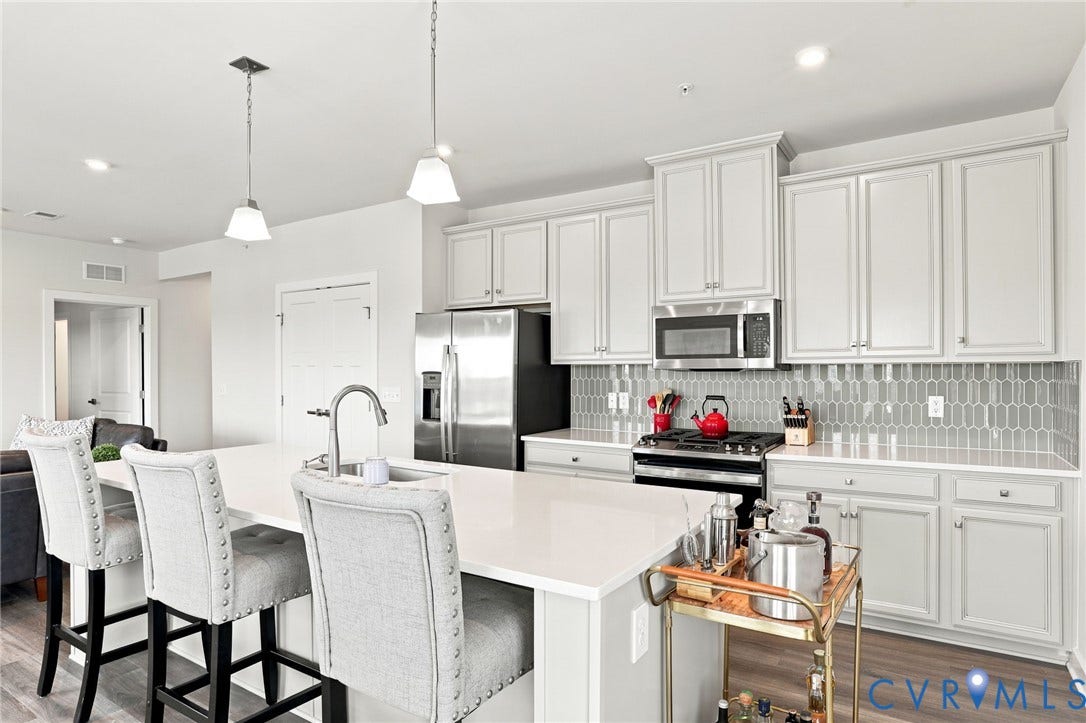 3900 Maze Runner Drive, #403, Midlothian, VA 23112 Kitchen featuring white cabinetry, stainless steel appliances, a center island with sink, pendant lighting, and wood-finish flooring