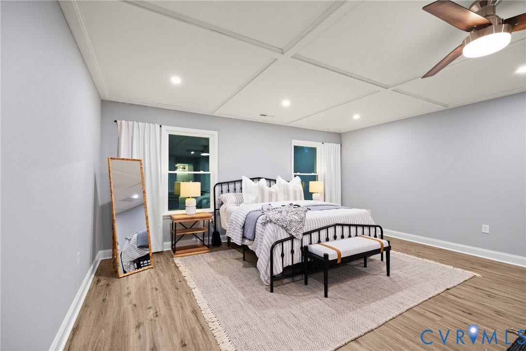 1500 Leicester Road, Cedarhurst - Westover Hills, Richmond, VA 23225 Wood-finish flooring, recessed lighting, ceiling fan, and coffered ceiling
