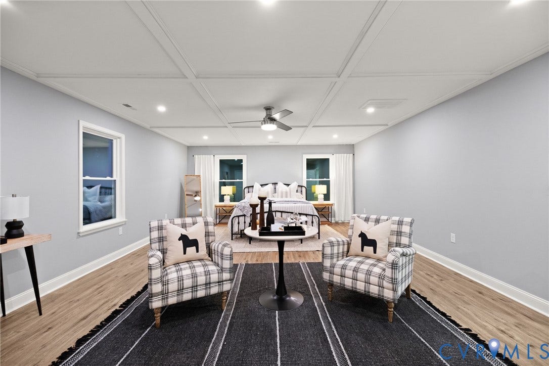 1500 Leicester Road, Cedarhurst - Westover Hills, Richmond, VA 23225 Wood-finish flooring, recessed lighting, ceiling fan, coffered ceiling, and white trim