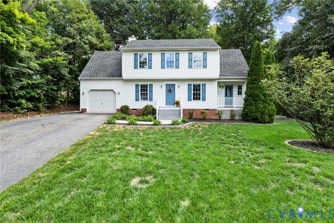 6201 Cameron Bay Terrace, Cameron Bay, Midlothian, VA 23112 Two-story residence with white siding, blue shutters, and a single-car garage