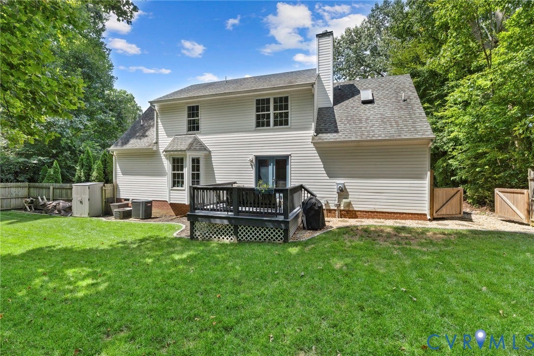 6201 Cameron Bay Terrace, Cameron Bay, Midlothian, VA 23112 Expansive grassy yard with a multi-level deck, white siding exterior, and bay window