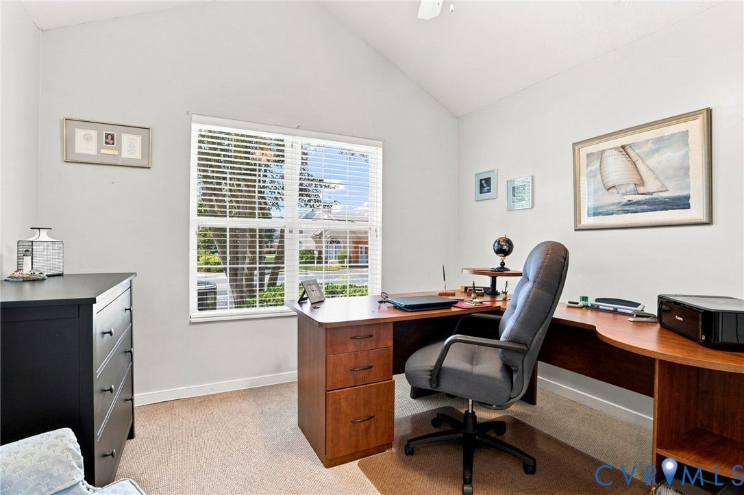 7230 Norwood Pond Court, Midlothian, VA 23112 Vaulted ceiling, window with blinds, carpeted flooring, built-in desk with wood-finish cabinetry